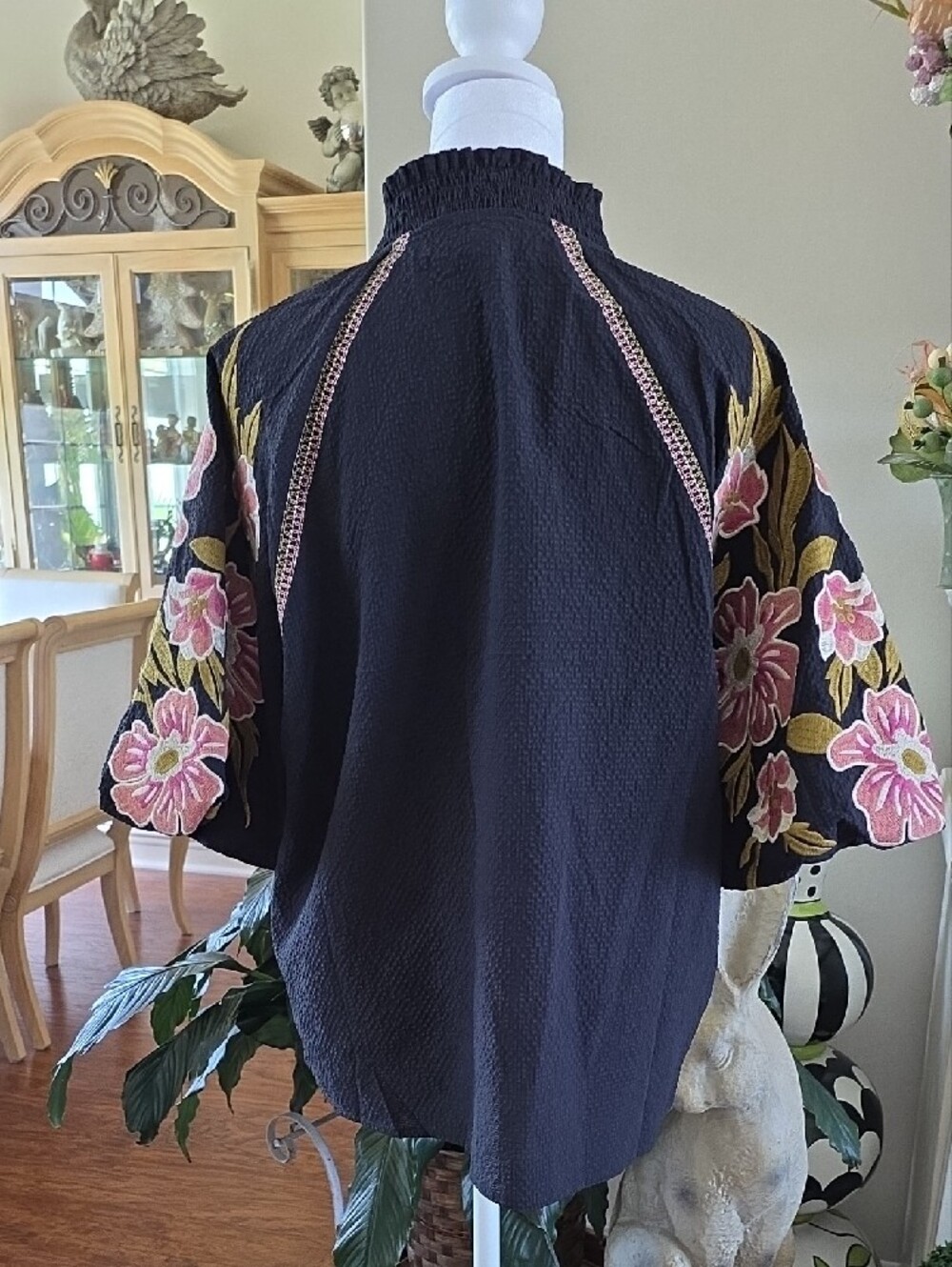 THML Navy Split-Neck Blouse with Pink Floral Embroidered Sleeves - Picture 4 of 6